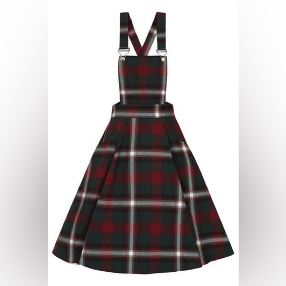 Collectif Kayden Festive Check Dungaree Dress Size XS Red Green Plaid Pinafore - Picture 2 of 14